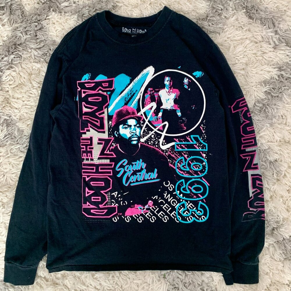 boyz n the hood long sleeve Shirt Men's Medium Black AOP Faded sleeve Prints